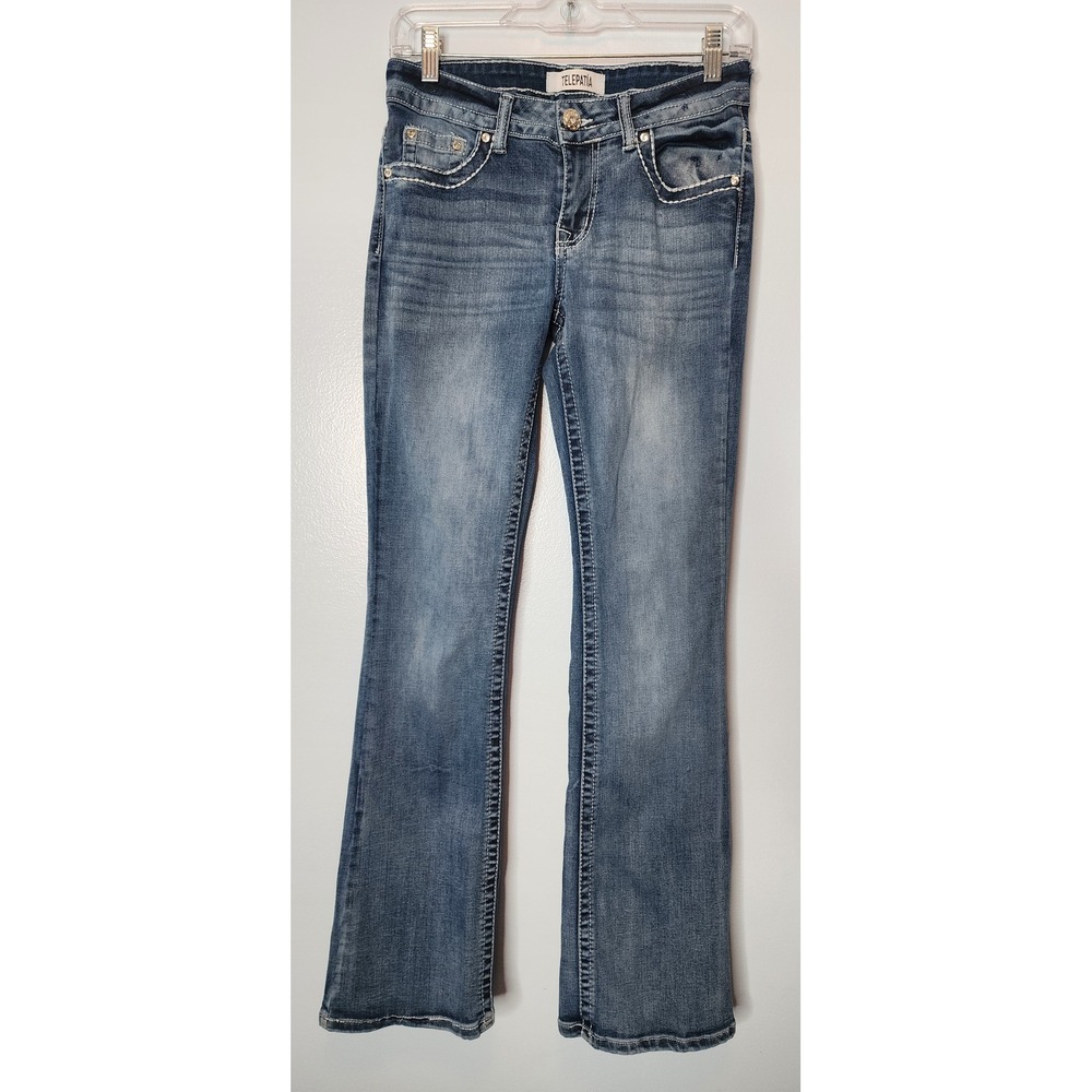 Telepatia Bootcut Jeans Womens 5/27 Blue Embellished Rhinestone Y2K 30" Inseam